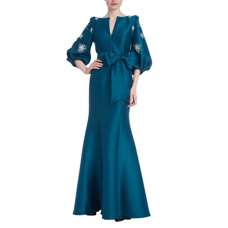 

Teal Blue Maxi Dresses To Party Elegant Formal Dresses robe de soiree Mermaid Ruched Beading Prom Gowns Cryatsls Sleeves Sash