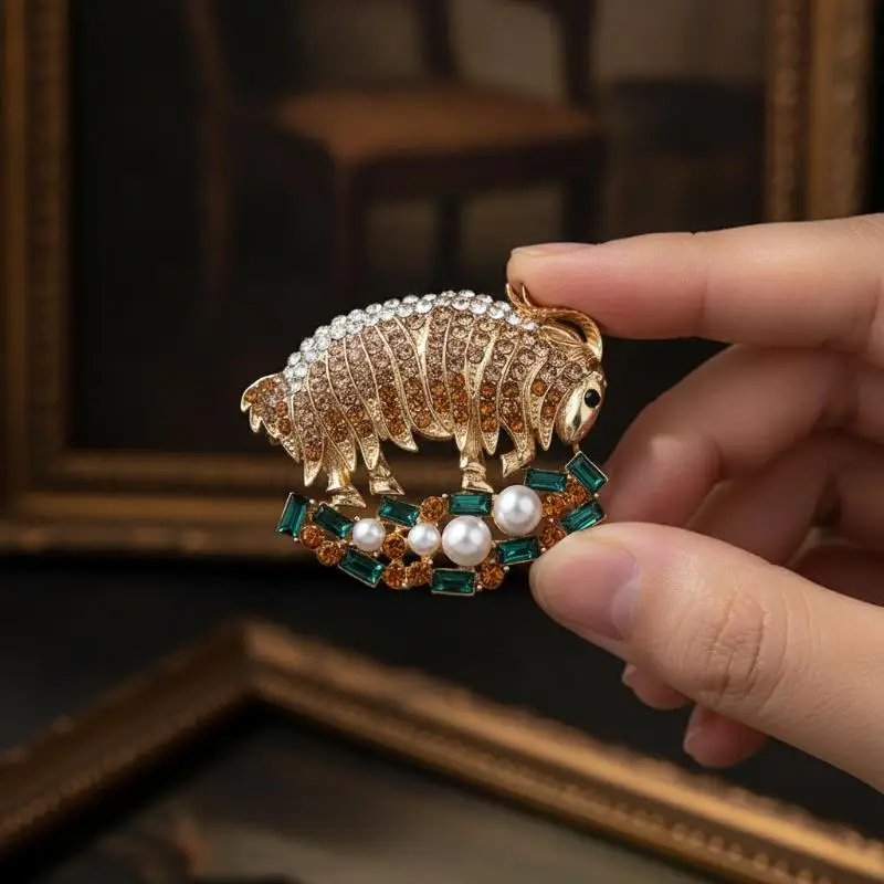 Vintage Rhinestone Pearl Goat Brooches For Women Men Elegant Animal Pin Clothing Ornament Jewelry Accessories Party Daily Wear