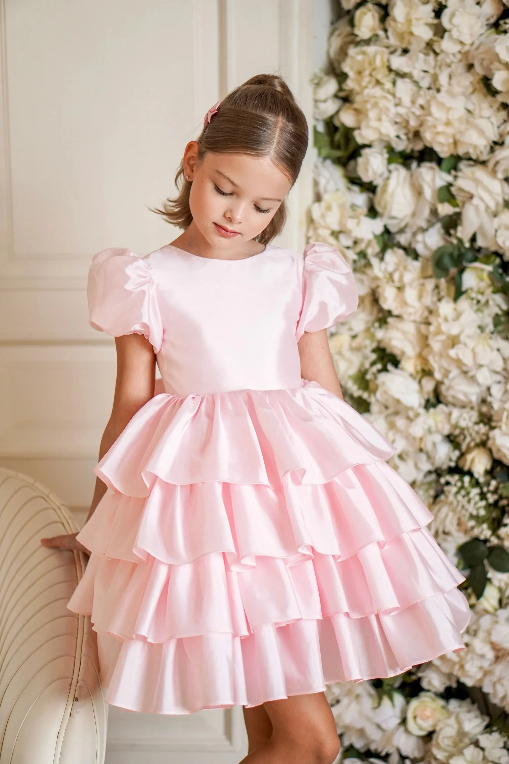 Customized Pink Satin Flower Girl Dress For Girls First Communion Dress Backless Multi-layered Ruffled A-line Princess Dress