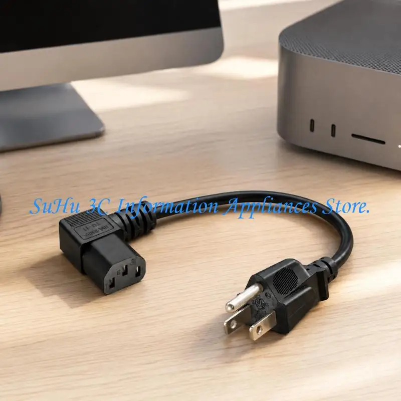 Black Replacement Power Cord with Molded Strain-Relief Sleeves, 3-Prong Male End, and Left-Angle Three-Slot Female End for