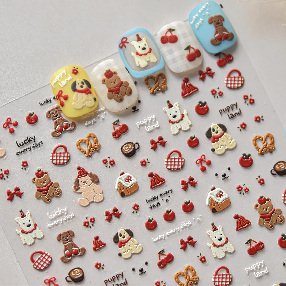 Cute Bowknot Dog Puppy Bear Strawberry Cake Fruit Juice Coffee Desserts Corgi Cherry Adhesive Nail Art Stickers Manicure Decals