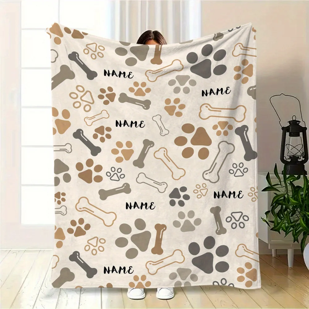 1Pc Cute Dog Bone Paw Print Pattern Blanket, Customizable Name or Text, Soft and Warm, Suitable for Office, Home, Holiday Gifts