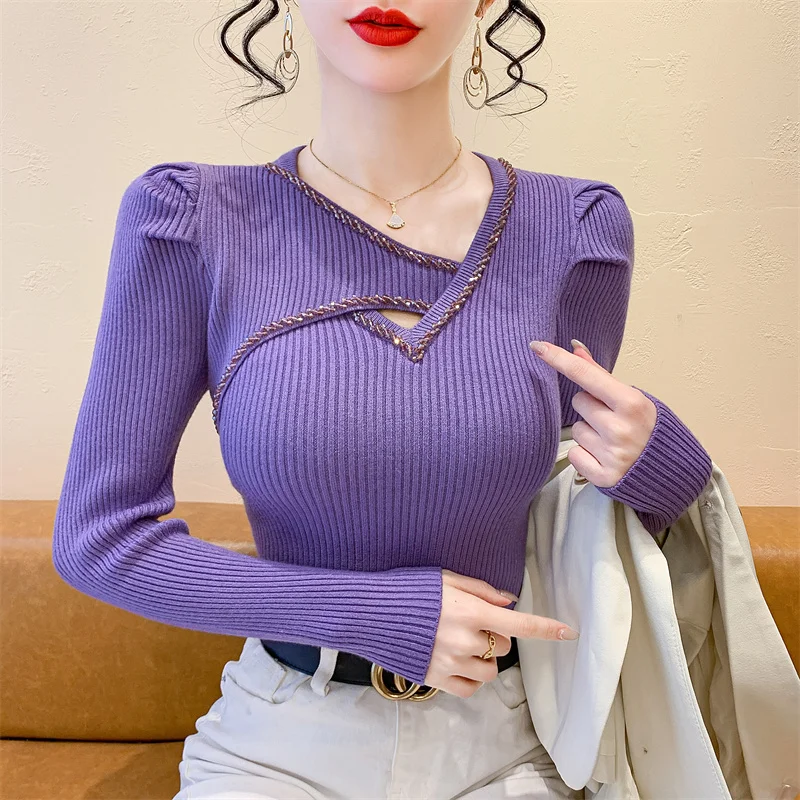 

Korean Fashion Women Pullovers Tops Autumn Winter Beaded Knitted Sweater Slim Long Sleeve Knitwear