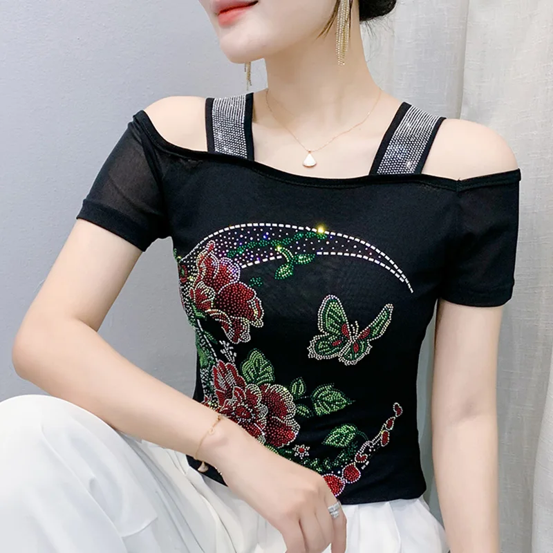 M-3XL Summer Short Sleeved Women's T-Shirt Fashion Bluses Sexy Slash Neck Off The Shoulder Tees Mesh Tops