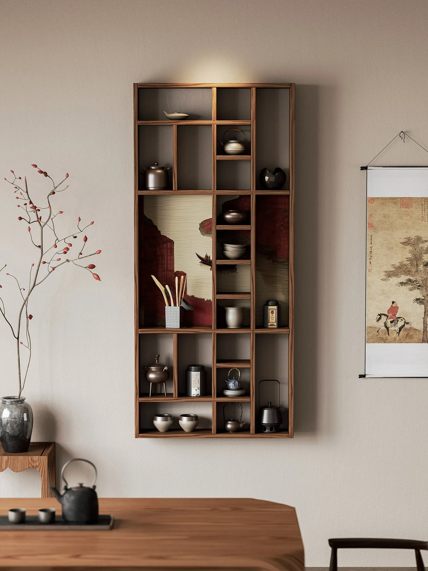 LH Song Dynasty Aesthetics Full Solid Wood Bogu Frame New Chinese Tea Room Wall-mounted Duobao Pavilion Tea Display Cabinet