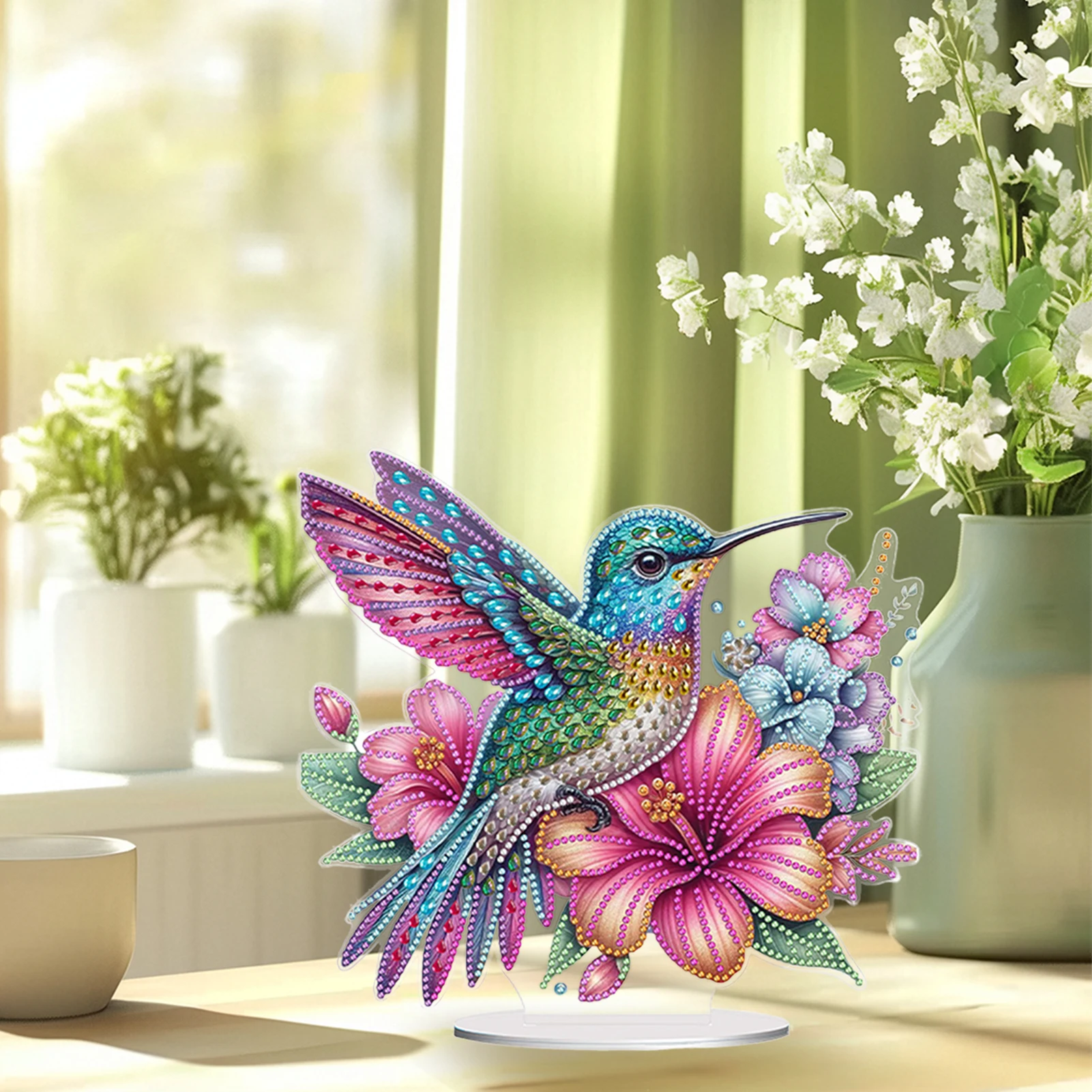 Special Shape Hummingbird Diamond Painting Desktop Ornaments Kit Flower Diamond Painting Desktop Decorations for Adults Beginner