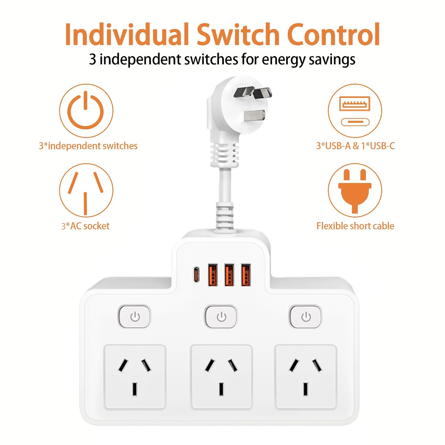 Australia AU Plug AC Power Strip Multitap Socket Wall Mounted Independent Switch Outlet With USB C Ports Charging Network Filter