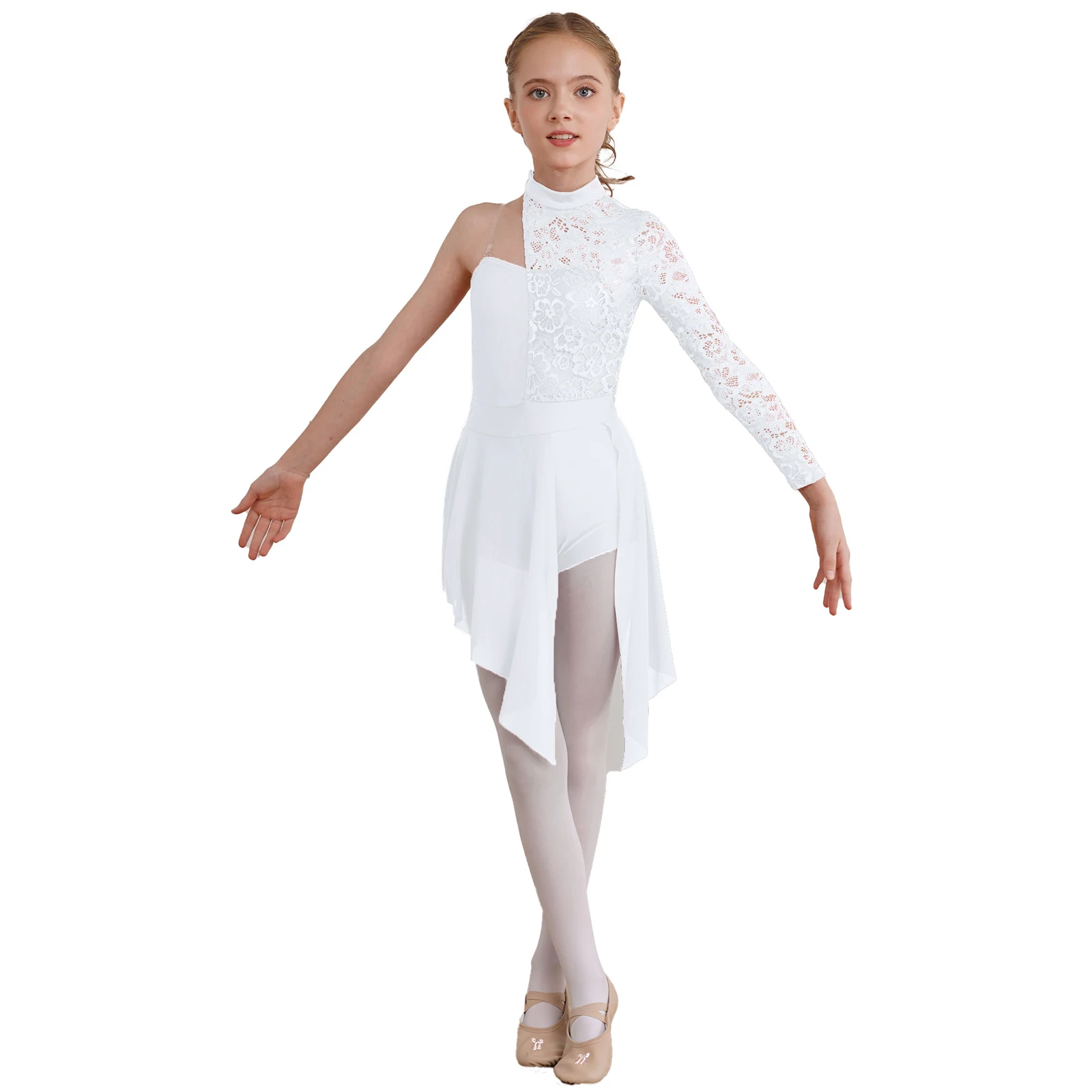 Kids Girls Ballet Lyrical Dance Dress Half Floral Lace Bodice Boyshorts One-Piece Jumpsuit Contemporary Modern Cha-cha Dancewear