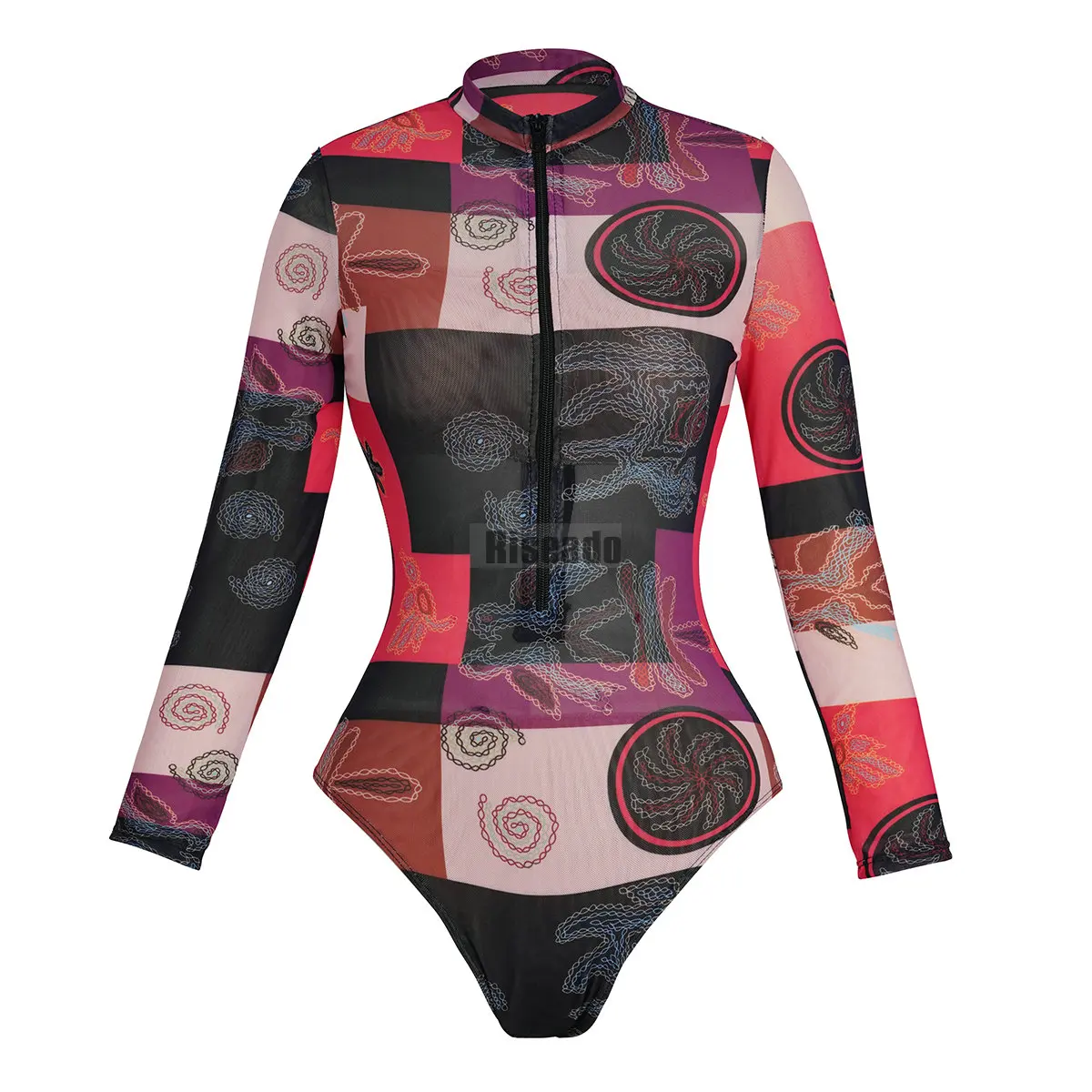 Mesh Swimsuit 2026 High Waist Long Sleeve Surfing Belly Slimming One Piece Swimwear with Long Pants Beach Outfit Resort Wear