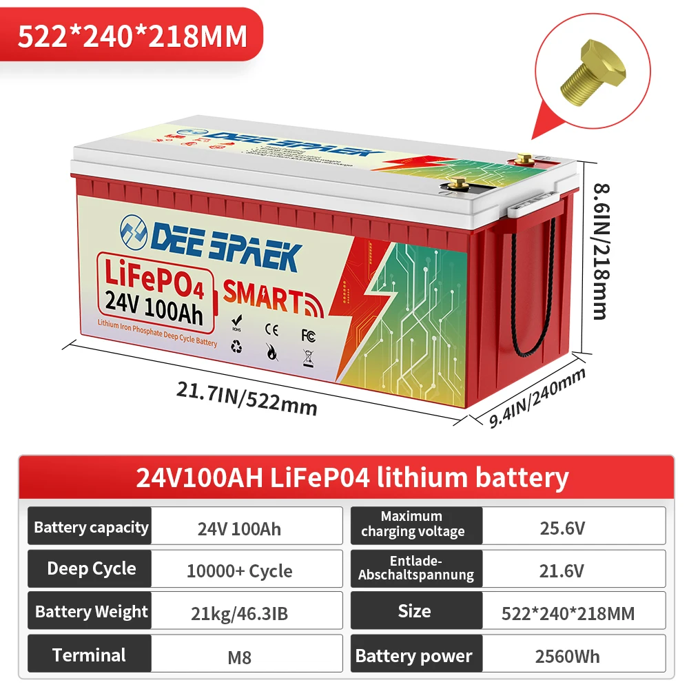 24V LiFePO4 Battery 100Ah With BMS 8000+Deep Cycles For Camper RV Home Energy Storage Solar Trolling Motor 24V Lithium Battery