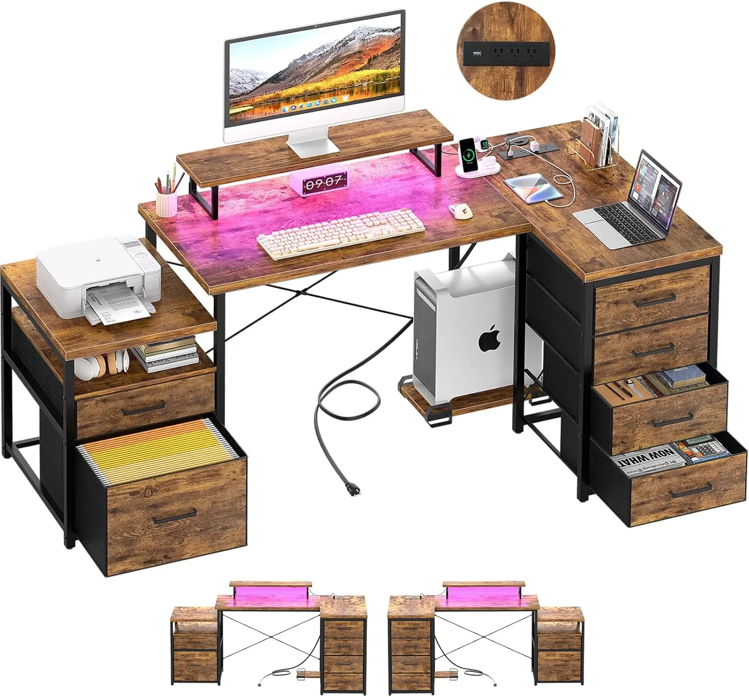 

L Shaped Desk with File Drawers 71" Reversible Computer Desk with Power Outlet and Smart LED Light