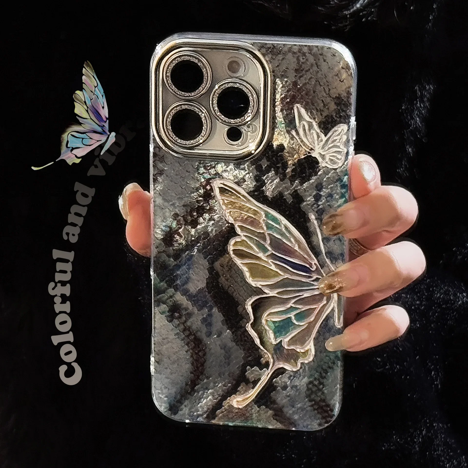 Art Python Pattern Color Butterfly with Camera Glass Film Cover Case for iPhone 16 15 14 13 12 11 Pro Max 7 8 Plus Xs Max XR X