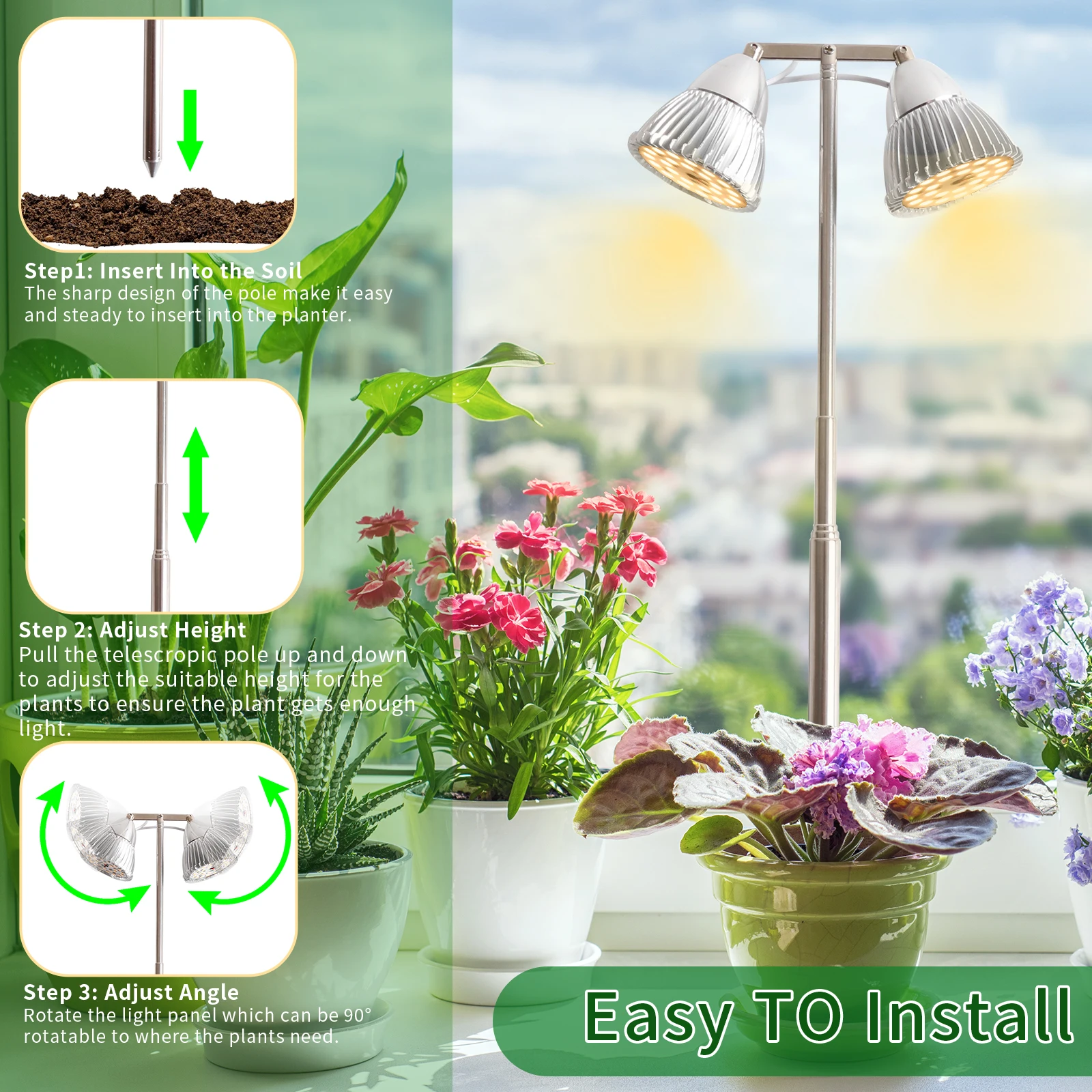 2025 Neuer 2-Kopf-Dimmtopf, LED-Wachstumslicht, 3 Schaltermodi, Phytolamp, 4H, 8H, 12H, Timing-Pflanzenlampe mit geradem Stab