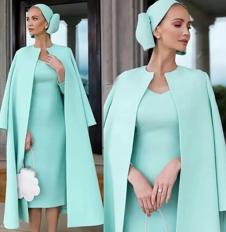 Mother Of The Bride Plus Size Zipper New Formal Straight Satin With Jacket Two Pieces O-Neck Long Sleeve Tea-Length