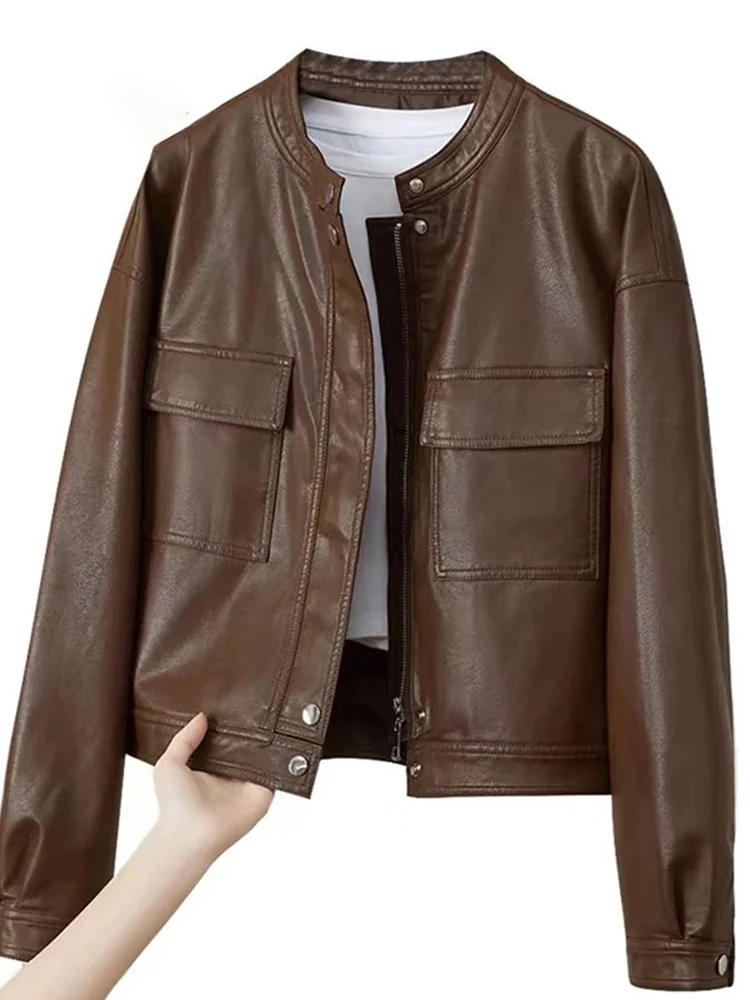 Jaqueta de Couro Feminina Retrô Americana 2025 Nova Casual Estilo Motociclista Hong Kong Tendência Agasalho de Couro