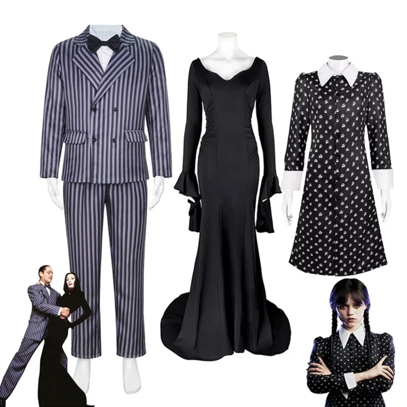 

Wednesday Addams Cosplay Costume Dress Morticia Addams Black Gothic Dress Gomez Addams Men Suits Halloween Party Costumes