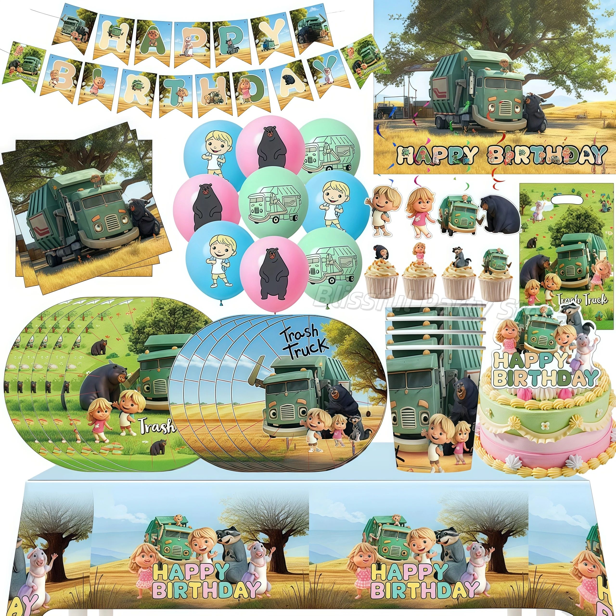 Hank-camión de basura desechable, plato de cumpleaños, taza, telón de fondo, mantel, globo, decoración de pastel, bolsa de regalo, suministros de decoración de cumpleaños para niño