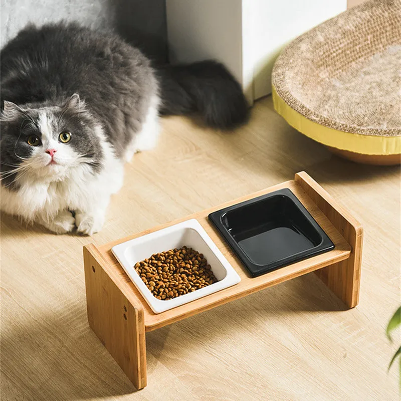 Imagem -02 - Prato Cerâmico Pet Bowl com Suporte de Madeira Tigela Dupla para Cachorro e Gato Alimentador de Água sem Derramamento Cães Pequenos Gatos