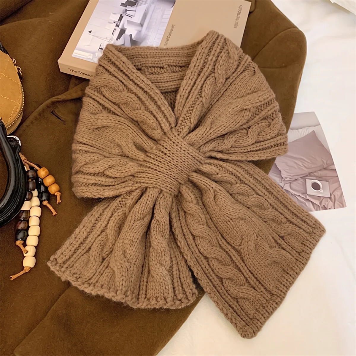 Women Wool Blend Knit Cross Neck Scarf Pre-tied Pull Through Neck Warmer Solid Thick Soft Winter Small Scarves for Daily Outfits
