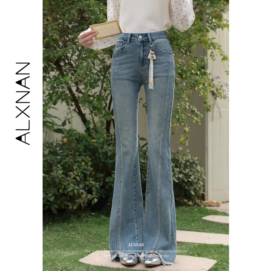 

ALXNAN Flared Jeans Women Blue Wide Leg High Waist Vintage Denim Pants Cotton New Spring Slim-fit Frayed Hem Jeans Female L62261