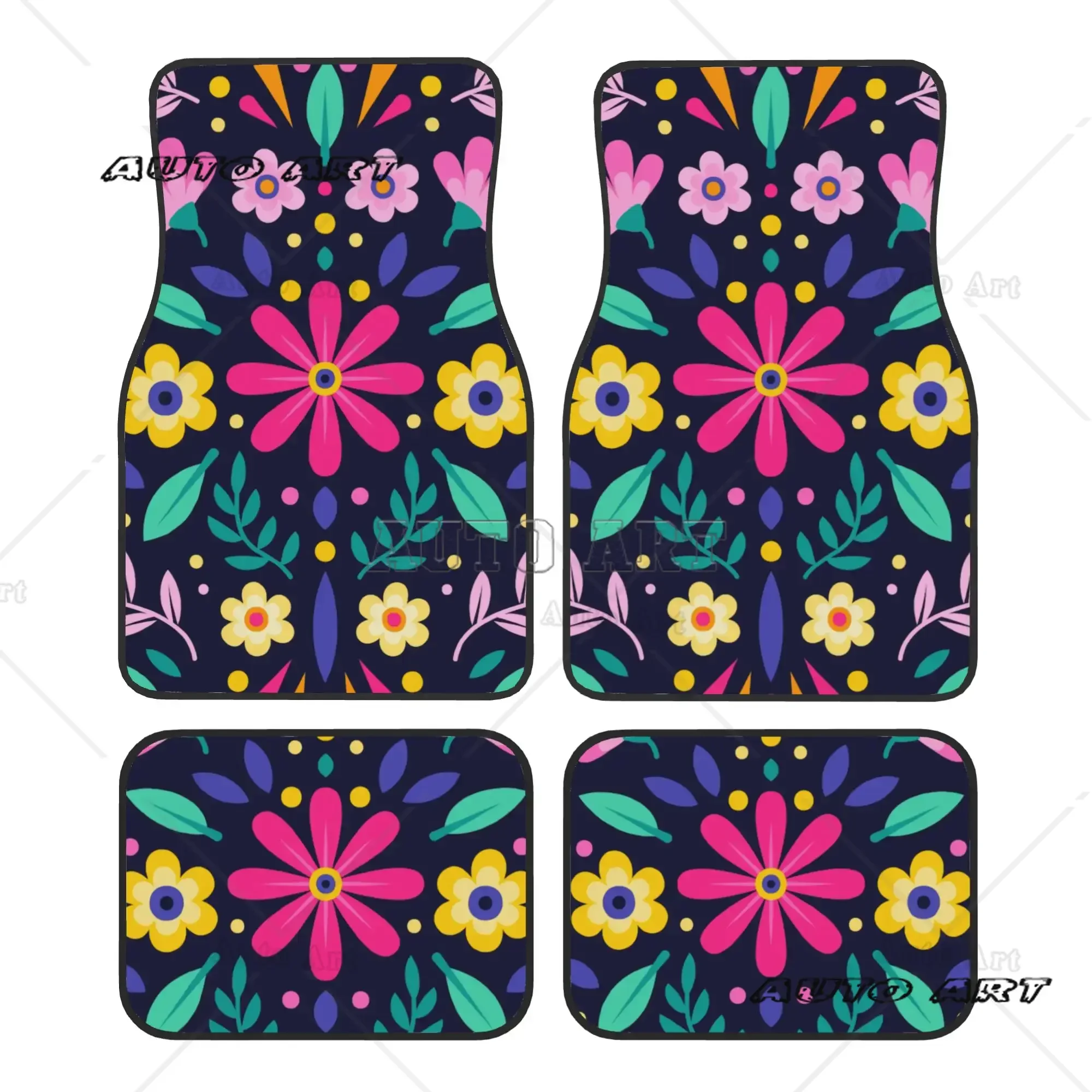 Colourful Floral Mexican Flowers 4PCS Crystal Velvet Car Floor Mats Set  Universal Front Rear Foot Mats Car Floor Protection Mat