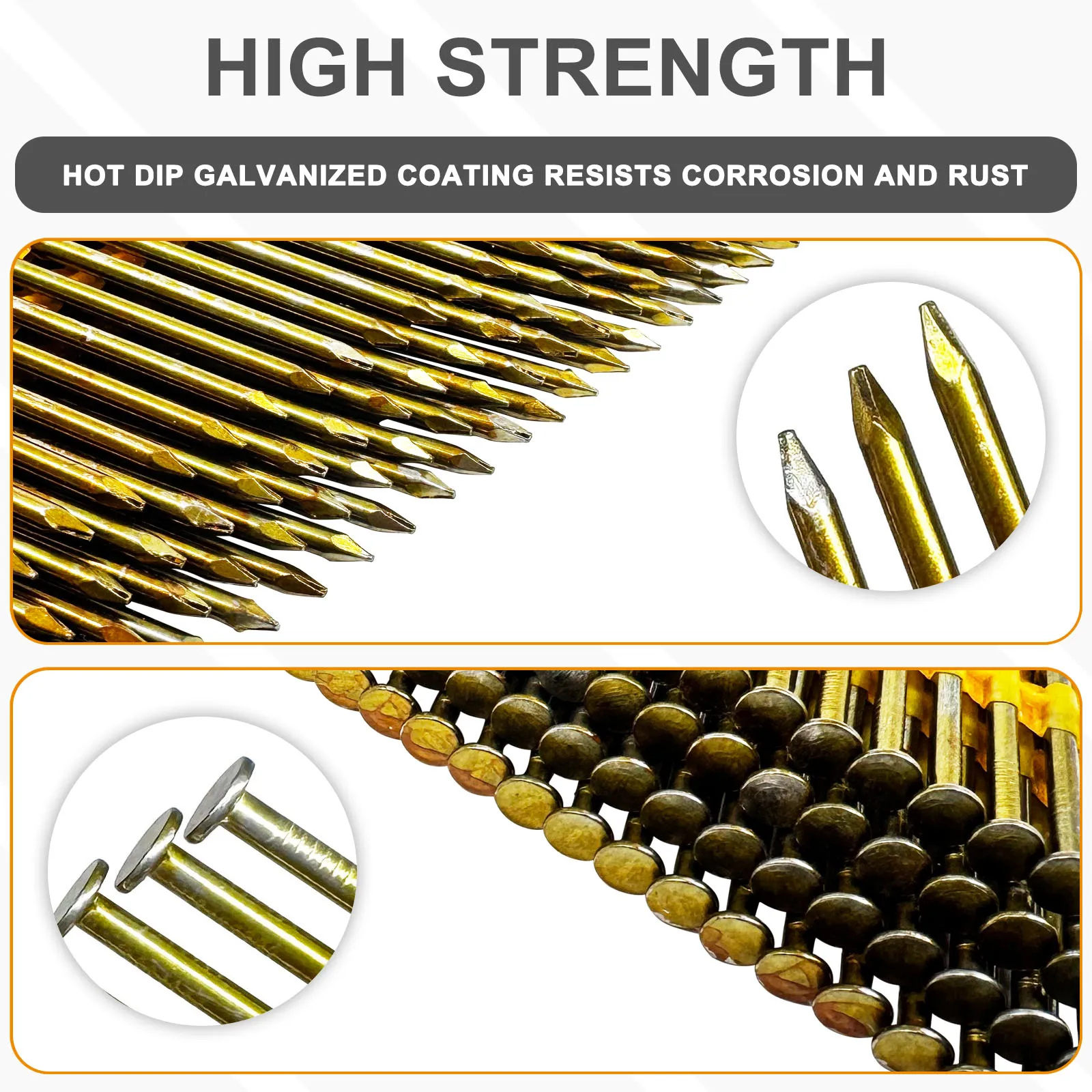 300Pcs 21 Degree Plastic Strip Nails for Framing Nailer Full Round Head Galvanized Designed for Wood Treated Lumber Applications