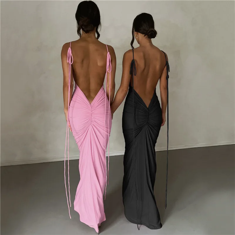 Summer sexy pleated solid color strap with perspective high slit backless sleeveless long skirt