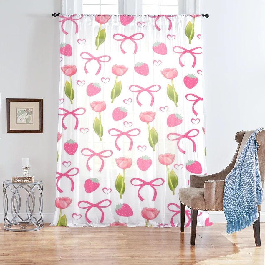1PC Pink Tulip Strawberry Bow Sheer Curtain Cute Romantic Window Drape Light Filtering for Bedroom Living Room Home Decor
