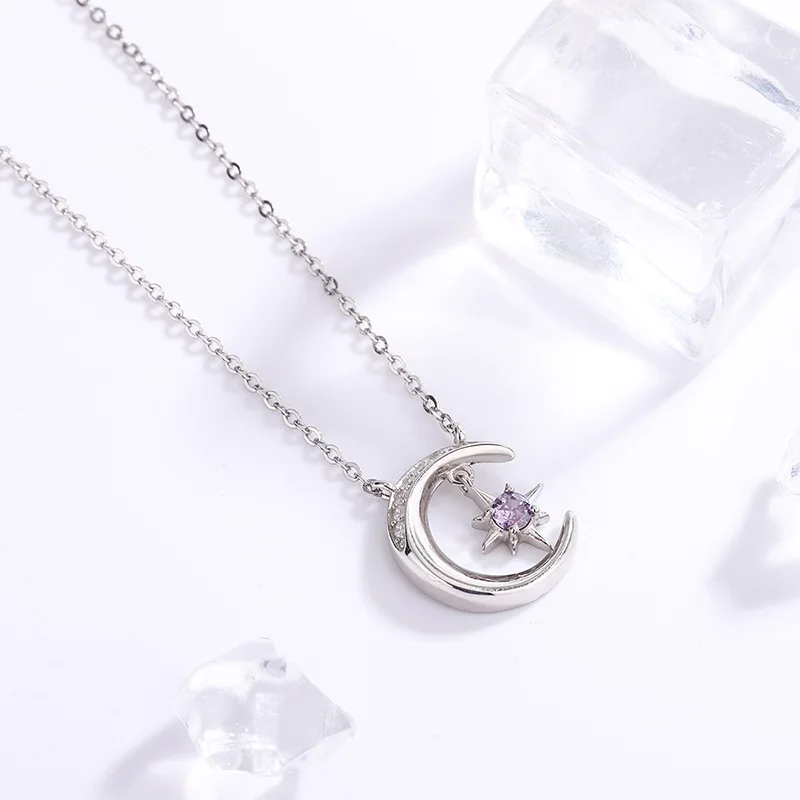 S925 Sterling Silver Star Moon Necklace Women's Fashion Simple Versatile Short Collar Chain Moon Pendant Necklace Ornament