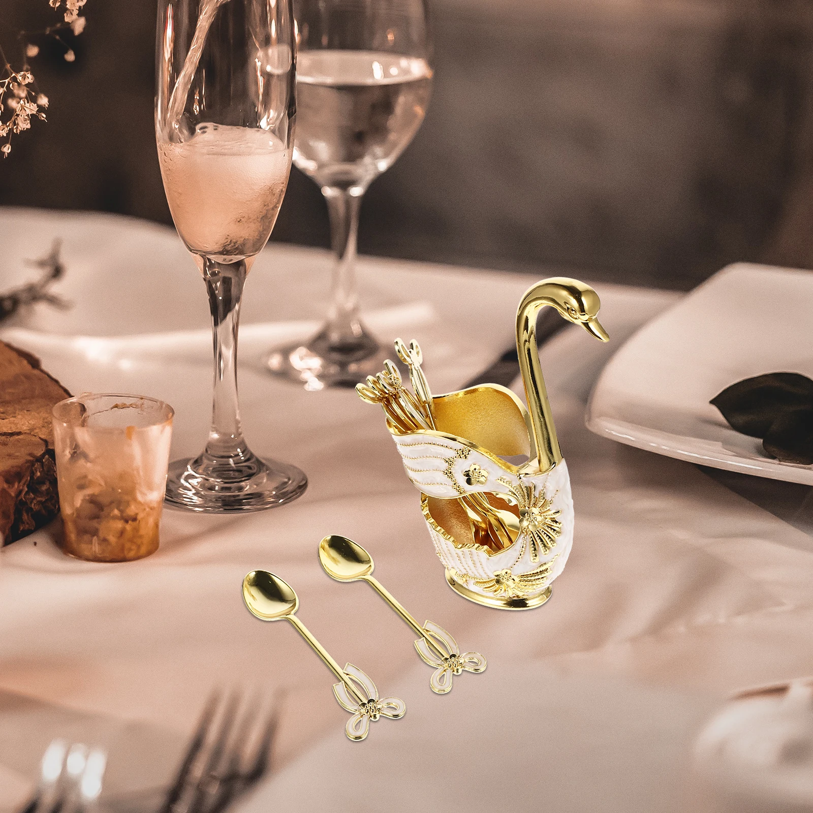 

Metal Swan Fork Spoon Set Zinc Alloy Easy Clean Kitchen Gadgets Coffee Scoop Holder Dessert Serving Spoons Stainless Steel
