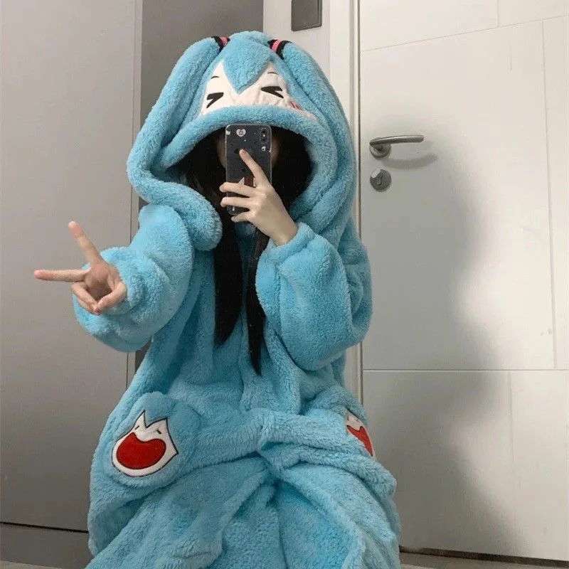 Cosplay Hatsune Miku Pyjamas Herbst Winter Japanischer Kapuzenpyjama aus Korallenvlies Verdickter Pyjama Süße Hauskleidung Mädchen Geburtstagsgeschenk