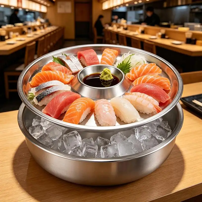 Stainless Steel Sashimi Ice Plate Round with Dipping Dish Odorless Seafood Sushi Serving Tray for Home Weekend Dinner Parties
