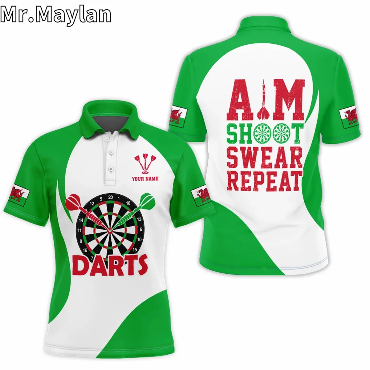 Aim Shoot Swear Repeat Welsh Flag Darts 3D Personalize Polo Shirt Men/Women Perfect Gift for Darts Lovers Tops Summer Unisex Tee