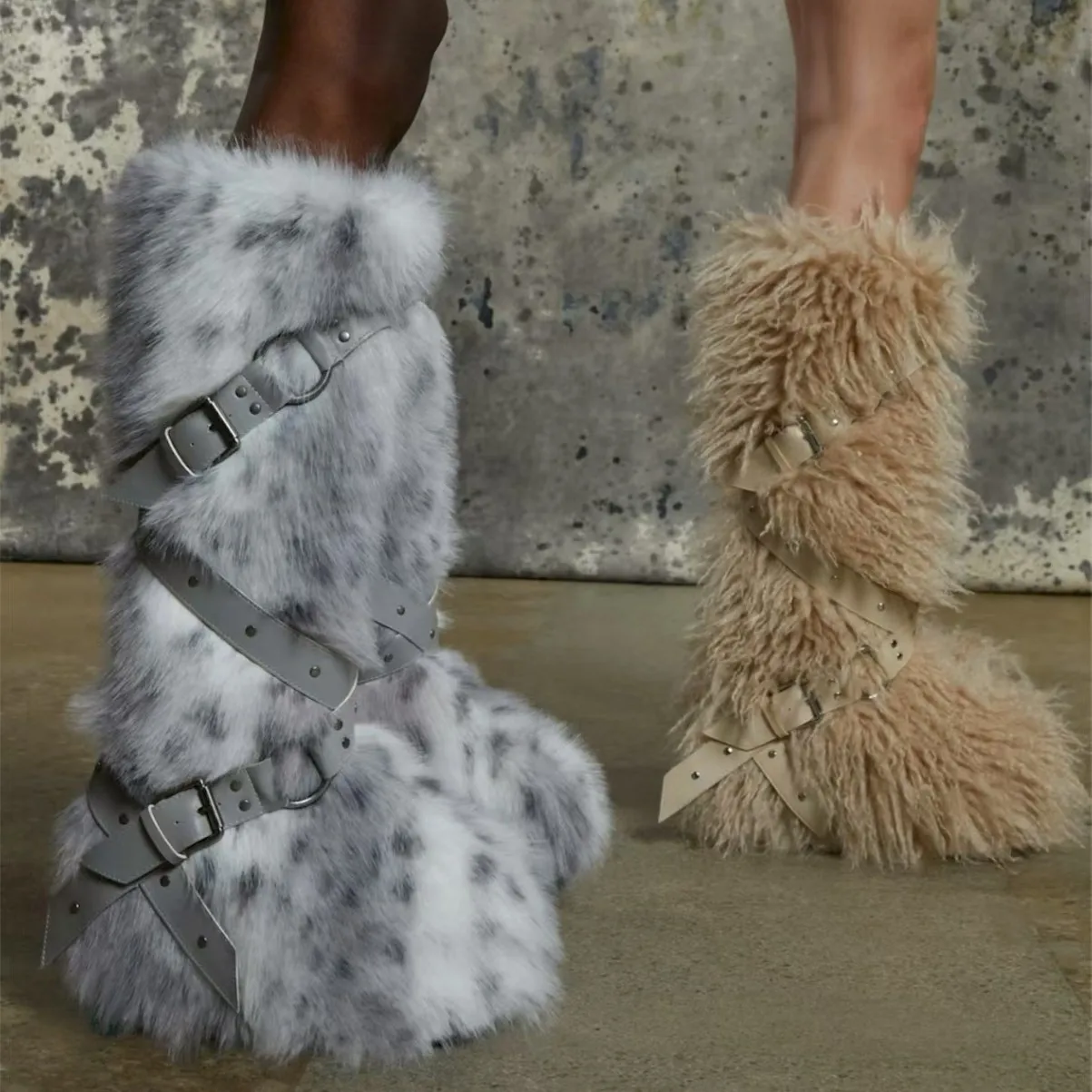 

Women's Fuzzy Knee-High Boots Multi-Buckle Accent, Leopard & Shearling Textures Edgy Winter Footwear