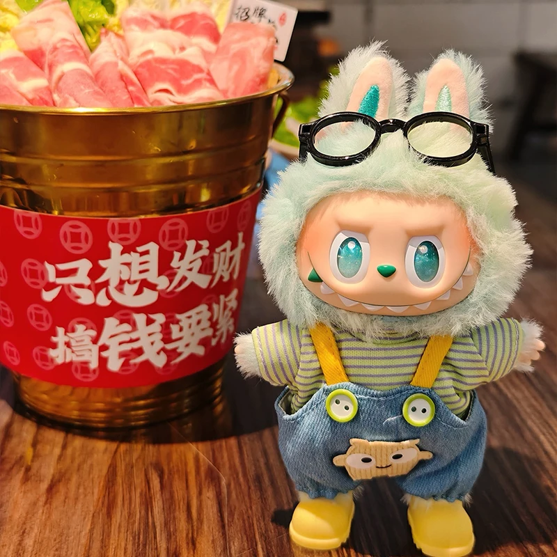 Für 17 cm Labubu Puppen Zubehör DIY Puppe Kleidung Herzschlag Lange Ohren Pelzigen Kaninchen Kostüm Cartoon Dress Up Labubu Outfit