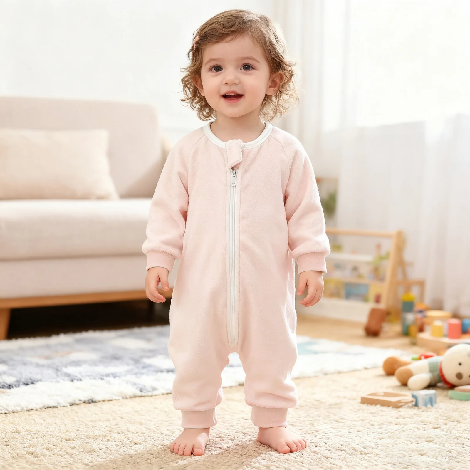 ملابس أطفال أولادي وبناتي رومبير من الفلانيل ملابس منزلية للخريف والشتاء بأكمام طويلة بلون سادة وسحاب بذلة ملابس نوم ملابس للاستلقاء