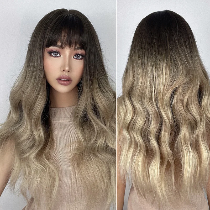 女性用グラデーションブラウンロングカーリーヘアウィッグ、前髪付き、ふんわりと通気性があり、ナチュラルスタイル