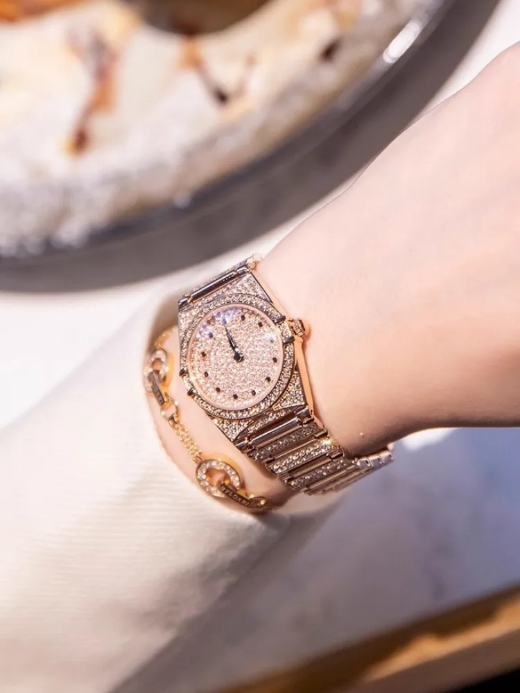New Elegant Office Ladies Bling Bling Diamond Quartz Watch Stainless Steel Push Button Hidden Clasp Designer Women Wristwatch