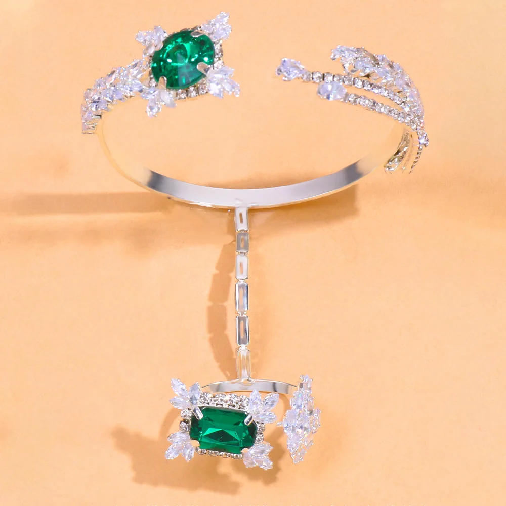 Luxury Zirconc Green Bracelet Jewellery for Women Charm CZ Bangle Full Wedding Female Bridesmaid Hand Palm Bracelets Gift