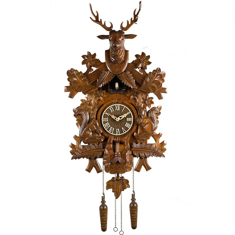 Deer Creative Cuckoo Wall Clock Wood Hand-carved Retro Antique Wall Clock European Big Music Living Room Home Decoration W6B