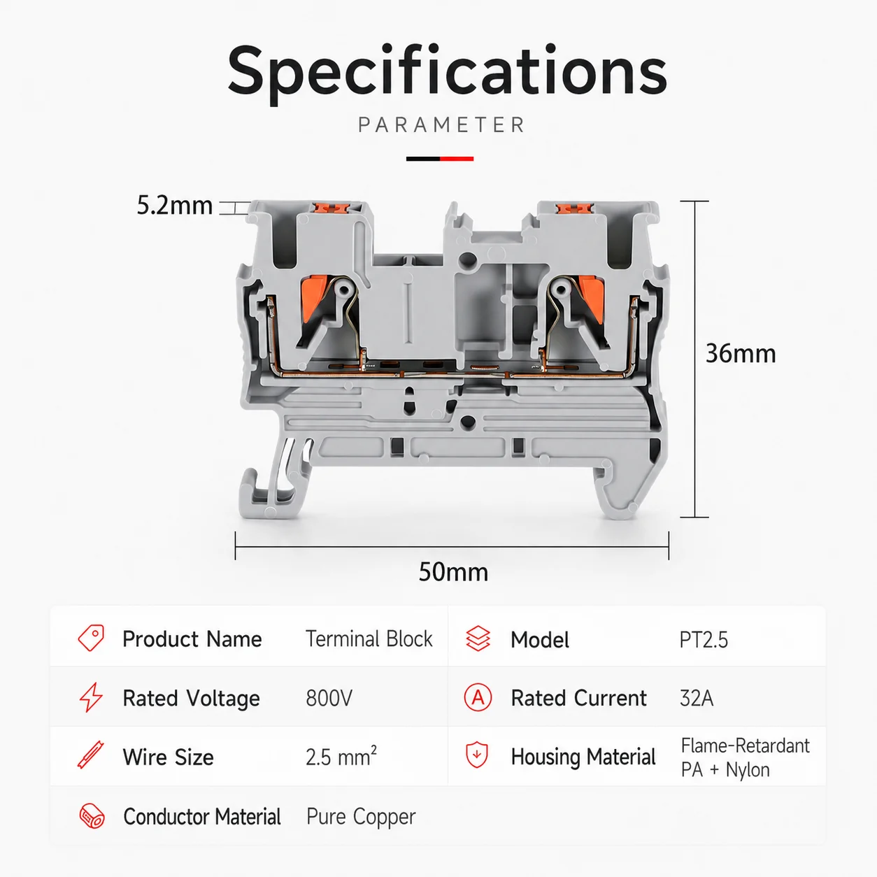 10Pcs PT2.5 DIN Rail Terminal Block Feed Through Push In Spring Connector 800V 32A 0.2-2.5mm2 Screwless Electrical Wiring NS35