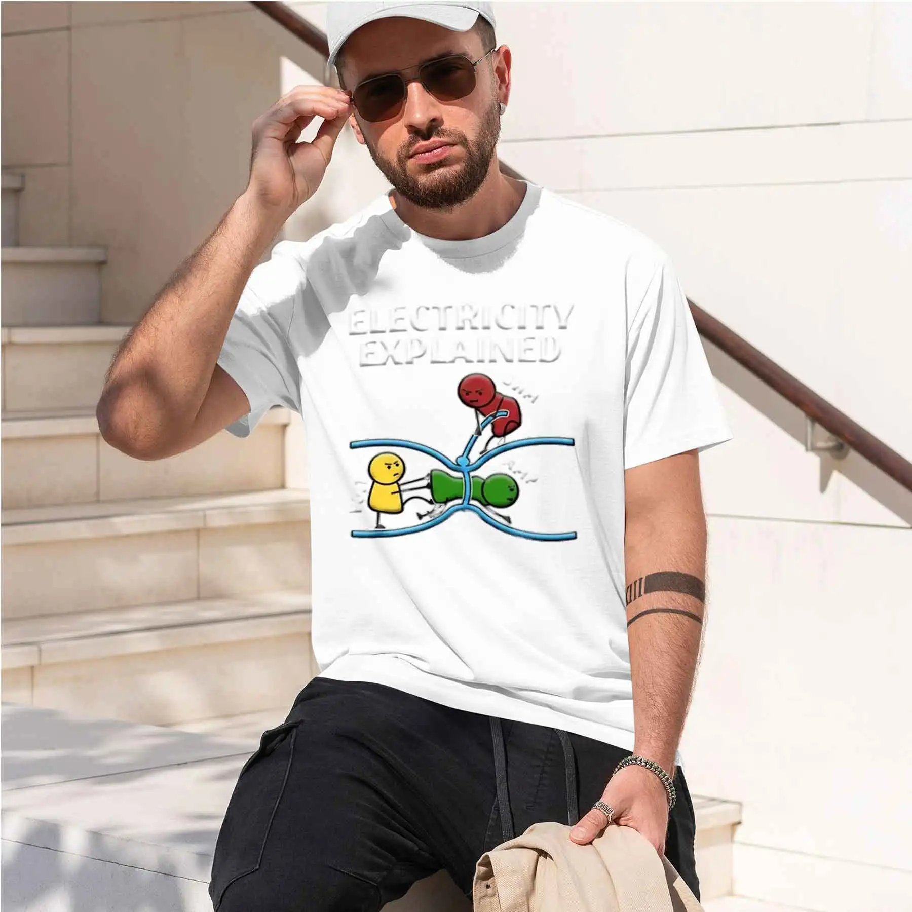 new printed T-shirt Men's Fun Electricity Science T-shirt Anthropomorphic Current Path Geeky Graphic Short Sleeve for STEM Fans
