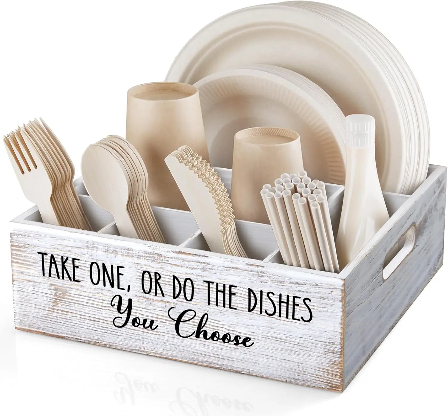 

Rustic White Plate and Utensil Caddy, 6-Compartment Paper Plate and Cutlery Holder with Handles