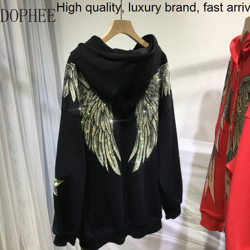 

Big Luxury Blingbling Wings Hot Drilling Mid-length Hooded Jackets for Women Autumn Outwear Loose Long Sleeve Streetwear Coat