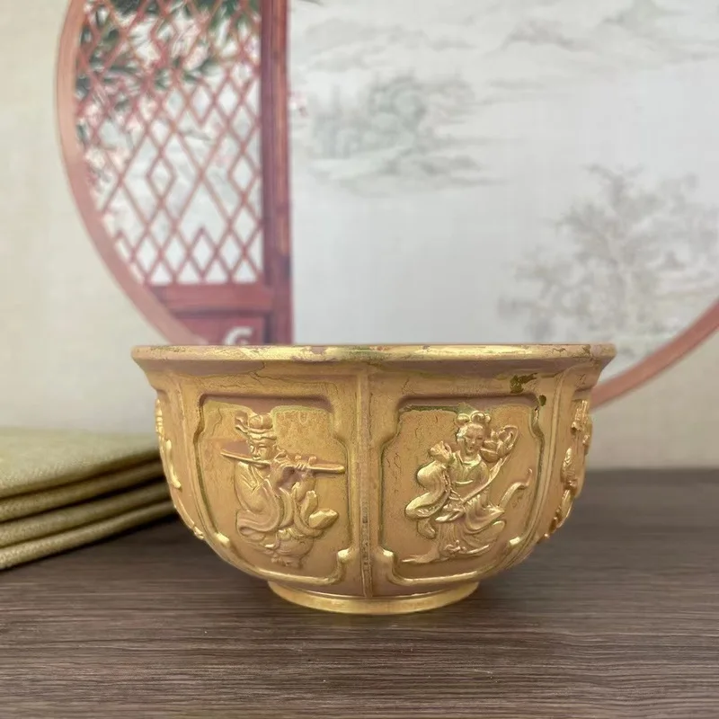 Antique Market Collectible Embossed Gilt Bronze Eight Immortals Bowl, Made in the Qianlong Era, Home Decor Copper Ornament, Anti