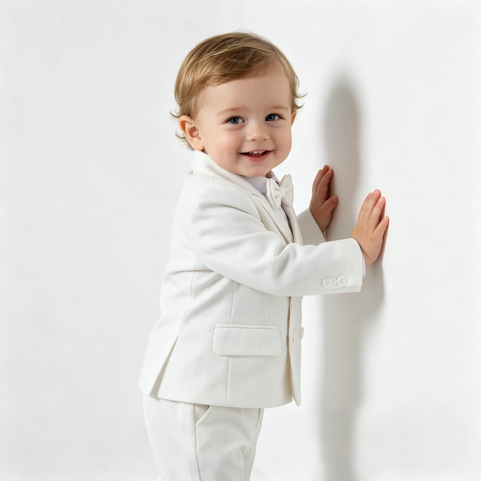 Elegant White Toddler Boy Suit Set Bow Tie Kids Formal Tuxedo Jacket Pant Outfit Christening Wedding Birthday Photograph Clothes