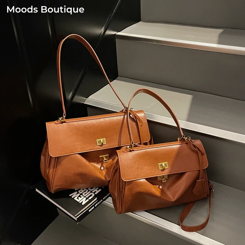 

MOODS Two-sized Flap Shoulder Tote Bags For Women Retro Solid Color Big Capacity Shopper Crossbody Bag 2025 New Fashion Handbags