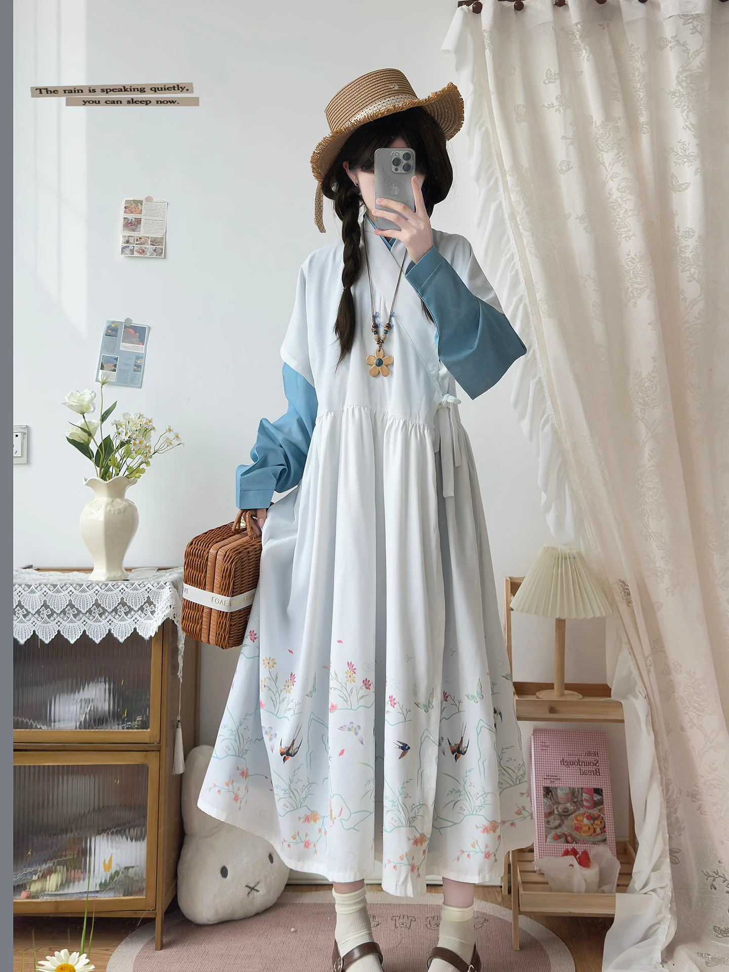 HanTingJi YanErGuī Spring Ravine Traditional Chinese Costume Women's Ming Dynasty Half Sleeve Patched Dress Versatile Daily Wear