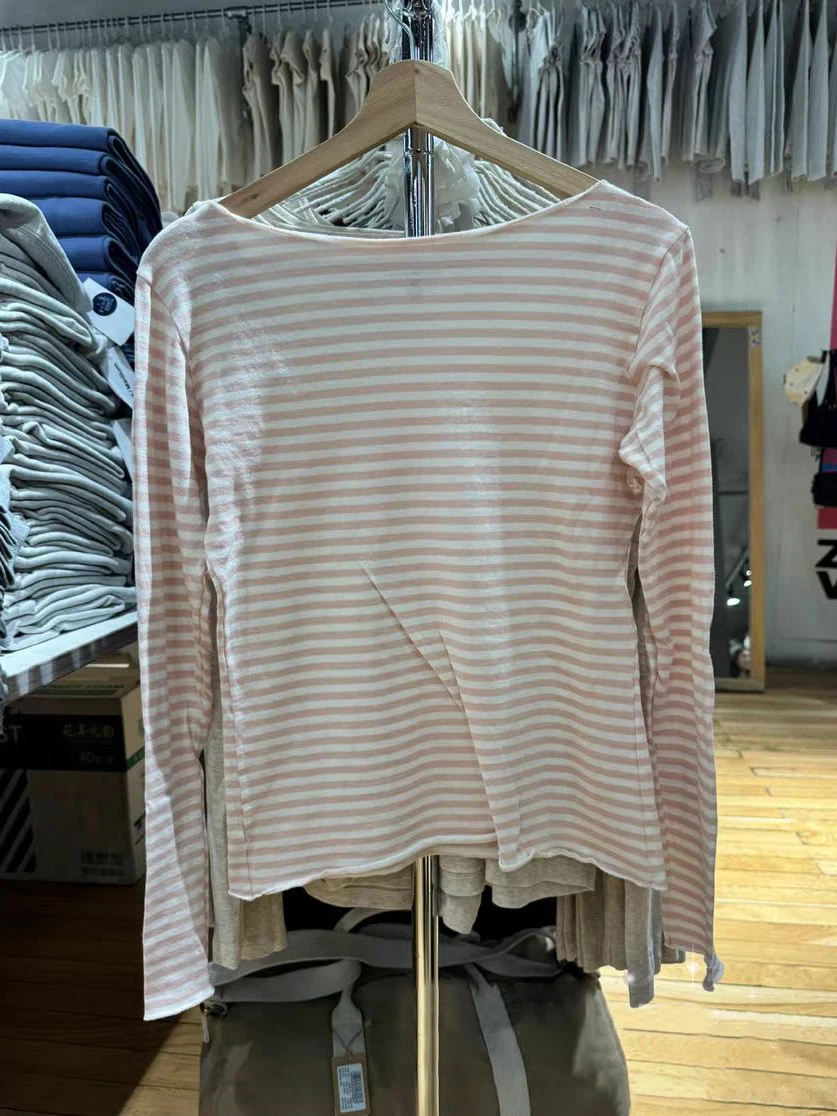 New Sweet Pink Striped Long Sleeve T-shirt Women Spring Cotton Raw Hem Slash Neck Slim Tee Tops Casual Preppy Style Y2K T shirt