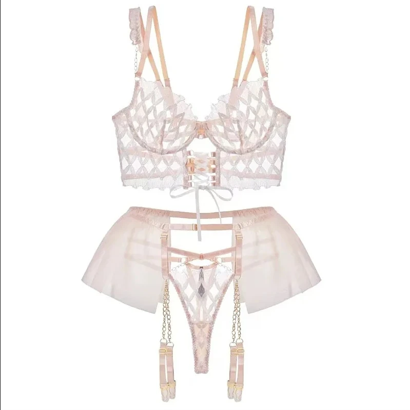 Sexy Fishbone Corset Comfortable Embroidered Fly Sleeve Outer Lingerie Long Vest Style Bra Set